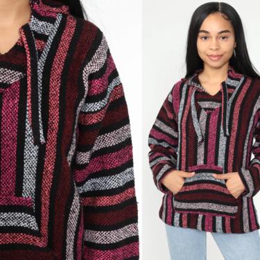 Pink Drug Rug Baja Red Striped Hoodie Mexican Sweatshirt Hippie Boho Hooded Ethnic Vintage Blanket Stripe Bohemian Kangaroo Small s 