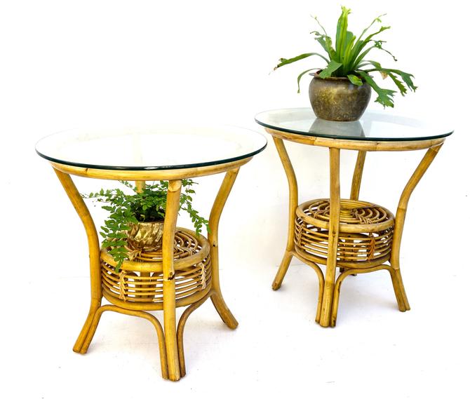 Vtg Natural Rattan Glass Circular Side Tables Two Tier Boho Tropical Chic Accent Tables Two Available By Electricmarigold From Electric Marigold Of Los Angeles Ca Attic