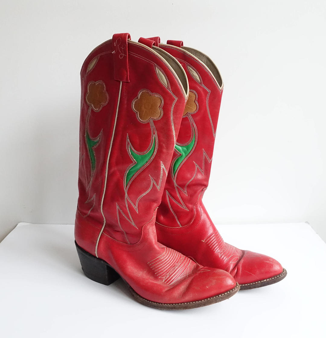 Vintage 90s Ralph Lauren Red Cowboy Boots Floral Inlay Pointed Bottle of Bread Baltimore MD