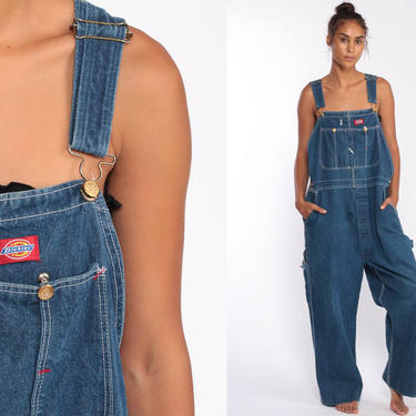 90s Dickies Overalls -- 1990s Denim Bib Overalls BUTTON FLY Baggy Dungarees Long Jean Pants Grunge Pants Suspender Hipster Carpenter Large 