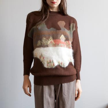 Scenic cottage landscape hand embroidered mohair sweater 