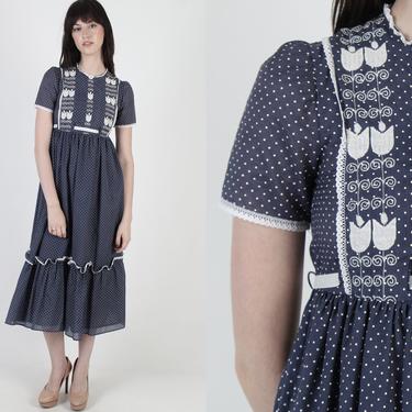 Navy Swiss Dot Mini Dress / Tiny White Polka Dot Dress / Vintage 70s Tulip Floral Embroidered Festival Prairie Midi Mini Dress 