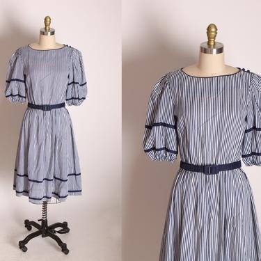 1970s Blue and White Striped Puffy Half Sleeve Fit and Flare Belted Dress by R.E.O. Originals -M 