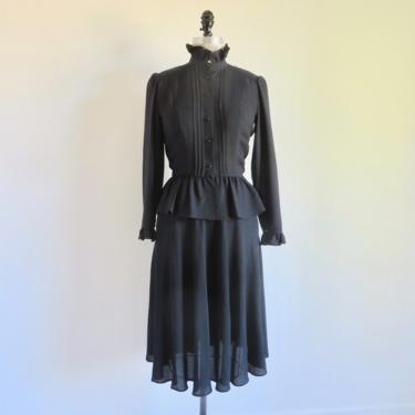 Vintage 1980's Victorian Style Black Ruffle Neck Blouse and Skirt Set Ensemble Peplum Long Sleeve Goth Albert Nipon Boutique 25&quot; Waist Small 