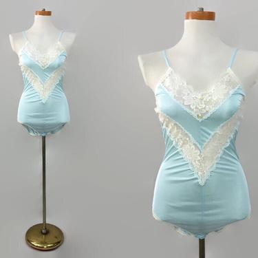 VINTAGE 80s Chevron Lace Baby Blue Teddy | 1980s Lingerie Bodysuit | Nylon and Lace Romper Playsuit | Lady Cameo Style # 8738 Sz Small 
