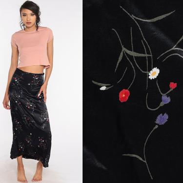 Floral Satin Skirt 90s Maxi Skirt Black Boho 1990s Long Shop Exile Tucson AZ
