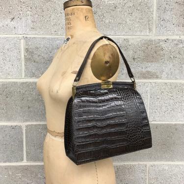 Vintage Handbag Retro 1950s Gold Line + Alligator + Brown + Mid Century Modern + Purse + Bag + MCM + Made in Mexico + Womens Accessory 