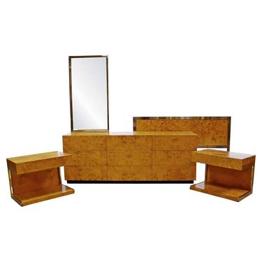 Mid Century Modern Baughman Burl Wood Chrome Bedroom Set Dresser Nightstands 80s 