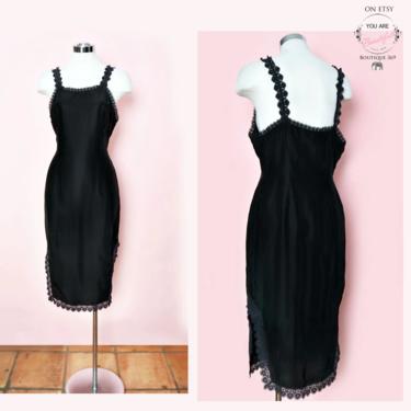 50's Black Vintage Slip Dress, Crochet Trim, 1940's, 1950's Silk Wiggle Dress 