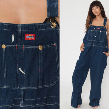 Dickies Overalls Men's 44 x 30 90s Overalls Mens Bibs Dark Blue Baggy Dungarees Long Jean Pants Work Wear 1990s Carpenter Oversized Large 