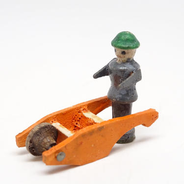 Antique German Wooden Man with Wheelbarrow Cart, Vintage Hand Painted Miniature Toys for Putz or Nativity, Erzgebirge Germany 