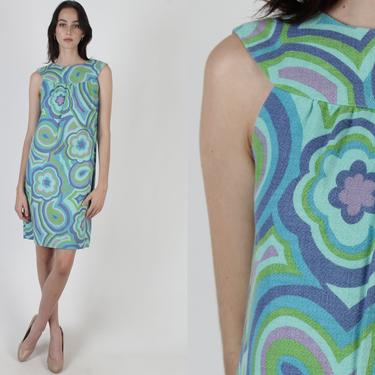 60s Neon Psychedelic Print Dress / Mod Floral Tiki Party Dress / Trippy Watercolor Floral / Cocktail Party Shift Striped Mini Dress 