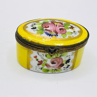 Antique Trinket Pill Box Yellow Hand Painted  flowers Gold Trim- France- 2 1/8" 