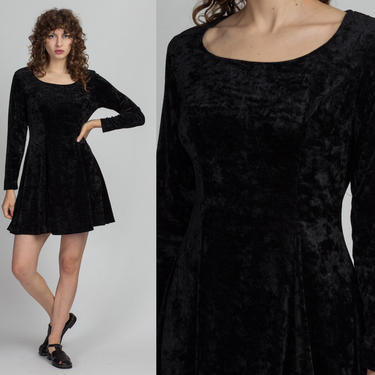 90s Black Crushed Velvet Mini Dress - Medium | Vintage Grunge Long Sleeve Little Black Dress 