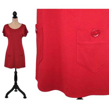 Y2K Casual Red Mini Dress, Short Sleeve A Line Jersey Knit with Scoop Neck &amp; Patch Pockets, 2000s Clothes Women Small Medium, 