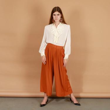 80s Caramel Brown Palazzo Pants Vintage High Waisted Wide Leg Trousers 