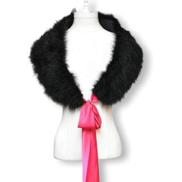 Vintage Black Feather Shawl Shrug with Pink Ribbon Tie 