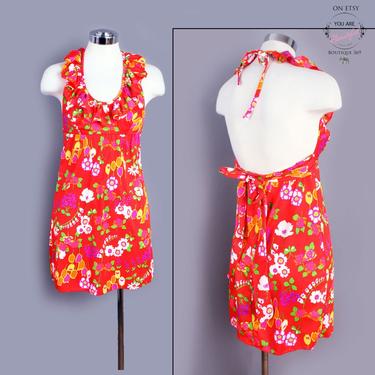60's Floral Designer Mini Dress, Vintage, Red, 1960's Summer Sun Dress, Small, Backless Halter Dress, Mod, GoGo, Hippie, Boho 