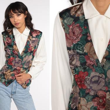 90s Floral Blouse -- 80s Attached Vest Shirt Button Up Shirt Grunge Blouse Long Sleeve Top Boho 1990s Vintage Green White Medium 