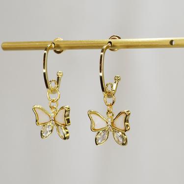 E025 gold Butterfly Hoop Earring, Butterfly cz Earrings, Small Butterfly earring, dainty Dangle Earring, Dainty Gold Butterfly, gift Earring 