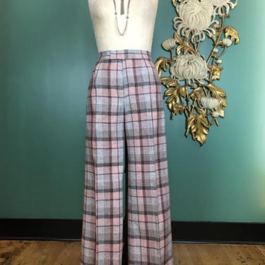 1970s pants, wool plaid, vintage 70s pants, high waist, wide leg, the limited, pink and gray, secretary style, 27 28 waist, 70s trousers, m 