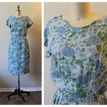Vintage 1960s 60s I Magnin Liberty of London Print Linen Wiggle Dress Blue Floral with mini rhinestones  // Modern Size US 4 6 small 