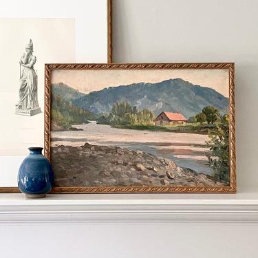 Vintage Landscape Oil Painting European En Plein River Scene 