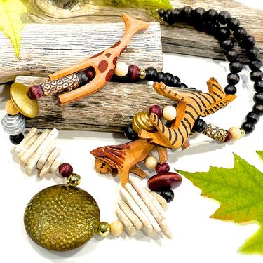 VINTAGE: HUGE Chunky Carved Wood Safari Animal Necklace - Wood, Ceramic, Brass, Stone Animal Necklace - SKU 34-255-00033030 