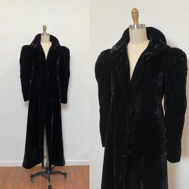 Vintage 1930s Velvet Opera Coat FOGA Puffed Sleeve Floor Length Evening Coat 