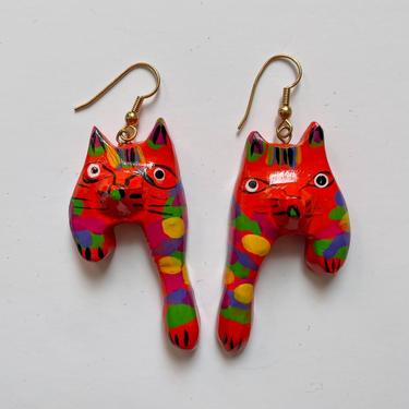 Orange Wooden Cat Earrings