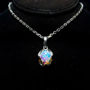 Vintage Sterling Silver Harlequin Opal Foil Glass Pendant, Colorful Iridescent Glass, Scalloped Silver Setting, Stamped RF 925, 1 1/2&quot; L 