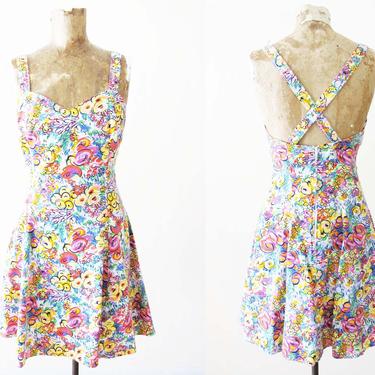 90s Floral Mini Dress XS S - 90s X Back Criss Cross Skater Dress - Bright Floral Print Sundress - Spaghetti Strap Dress - 90s Clothing 