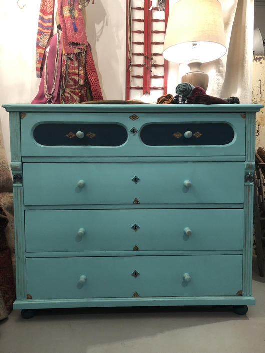 Antique Hungarian Boho Dresser Commode Four Drawer Painted Blue