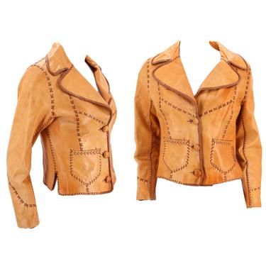70s tan leather custom jacket M / vintage 1970s Rock and Roll unisex stitched leather coat 6 