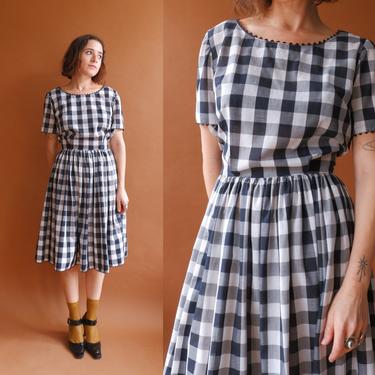 Vintage 60s Gingham Day Dress/ 1960s Black White Big Check Short Sleeve Cotton Dress/ Size Large 32 