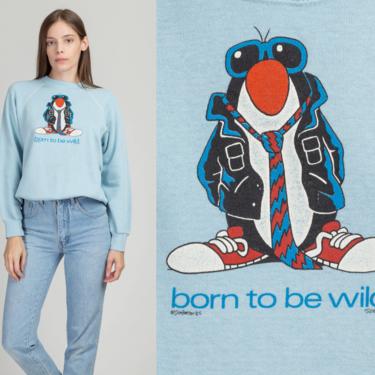80s &quot;Born To Be Wild&quot; Penguin Sweatshirt - Medium | Vintage Blue Cartoon Graphic Raglan Sleeve Pullover 