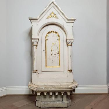 Large 19th Century American Gothic Religious Carved Painted Gilt Wood Scarcity Cabinet Altar Tabernacle on Stand, Indiana Church Antique 