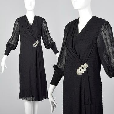 Small 1980s Long Sleeve Black Dress Little Black Dress Sheer Sleeves Bishop Sleeves Hip Gathers Flowy Skirt 80s Vintage 