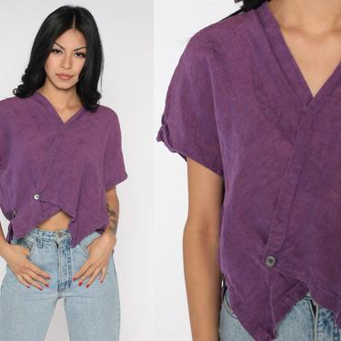 90s Wrap Shirt Asymmetrical Purple Blouse Short Sleeve Top Vintage Deep V Neck Shirt Plain Linen Oversized Small S 