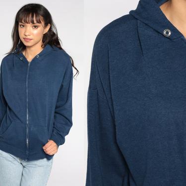 Blue Hoodie Sweatshirt 80s Hooded Sweatshirt Navy Hood Zip Up Sweatshirt Plain Slouchy 1980s Sweater Jacket Vintage Large xl l 