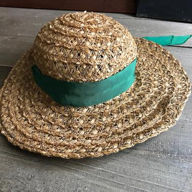 Childs Panama Straw Hat, Original Label, Doll, Green Grosgrain Ribbon Tie 