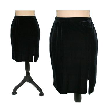 Black Velvet Skirt Women Small, Midi Pencil Skirt with High Slit & Elastic Waist, 80s 90s Clothes Vintage Clothing from A. Byer California 