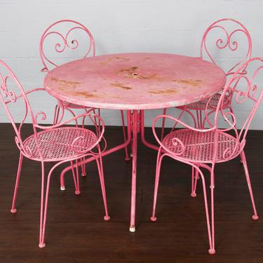 Antique French Wrought Iron Pink Patio Outdoor Dining Set 