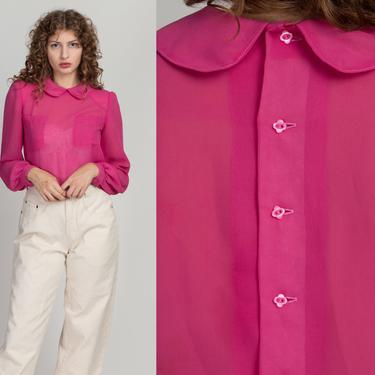 80s Hot Pink Sheer Peter Pan Collar Blouse - Medium | Vintage Long Sleeve Button Back Top 