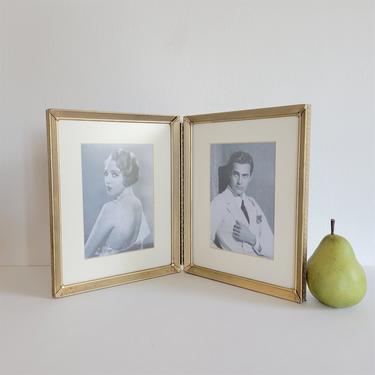 Vintage Double Brass Frame, 8x10 Folding Frame with Mats for 5x7 Photos 