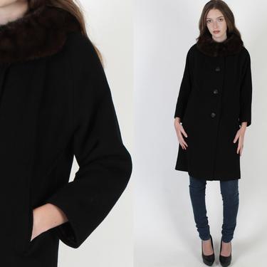 Vintage 60s Black Cashmere Jacket / Womens Solid Winter Swing Coat / Real Mink Fur Roll Collar 