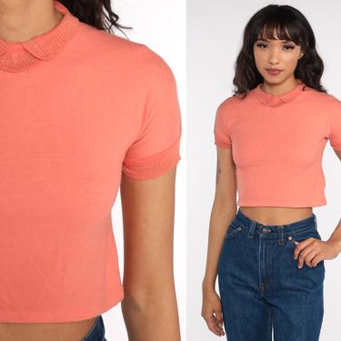60s Crop Top Metallic Collar Blouse Mod Salmon Pink Knit Shirt 1960s Boho Top Vintage Cropped Short Sleeve Bohemian Party Extra Small xs xxs 