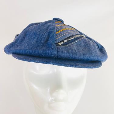 Vintage 1970s Groovy Hippie Denim Blue Jean Zipper Beret Cap Hat MOD Paper Boy Newsboy 