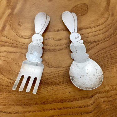 Sterling silver child’s fork and spoon with rabbit handles hand hammered by Allan Adler 