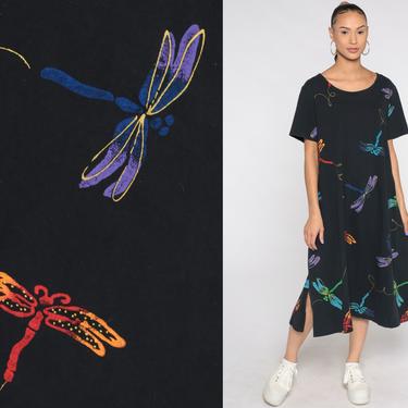 Black Dragonfly Dress 90s Midi Dress Insect Print 1990s Vintage Black Tshirt Dress Short Sleeve Retro Summer Small Medium Large 